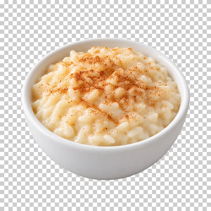 Creamy rice pudding with visible rice grains and a cinnamon dusting in a white bowl