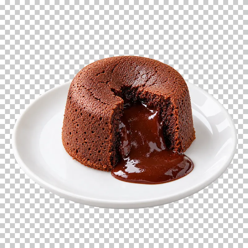 Opened chocolate lava cake with a short molten chocolate flow on a white dessert plate
