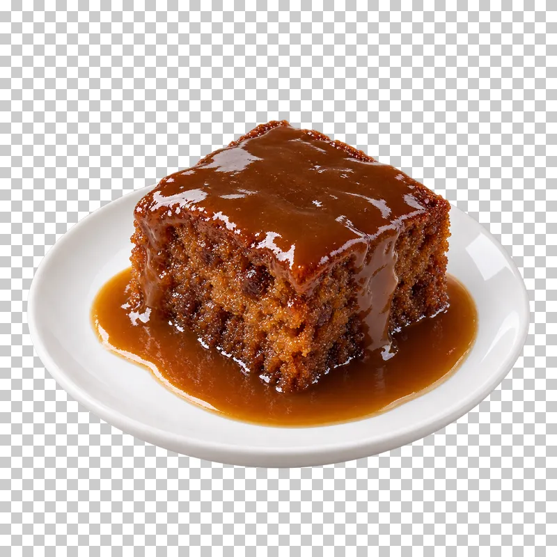 Square sticky toffee pudding coated in glossy sauce on a white dessert plate