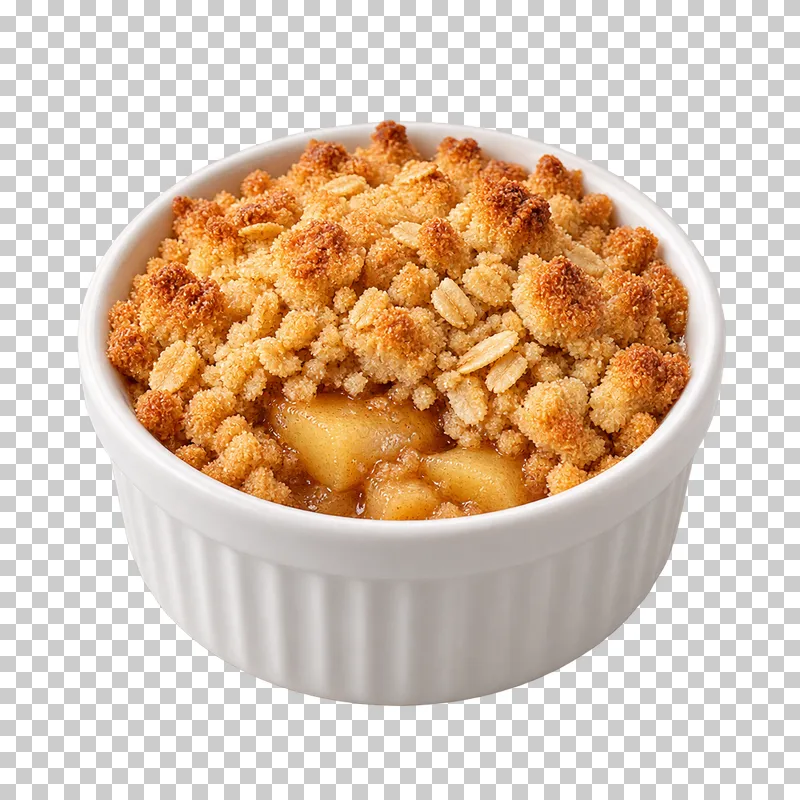 Apple crumble with golden oat and shortbread crumbs and exposed apple filling in a white ramekin