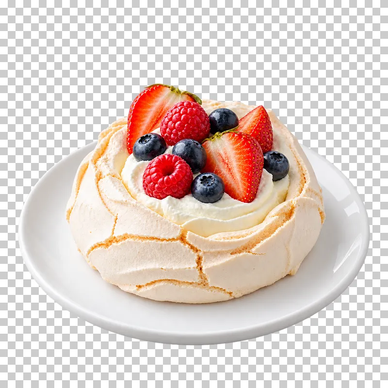 Individual cracked meringue pavlova nest with whipped cream and mixed berries on a white plate