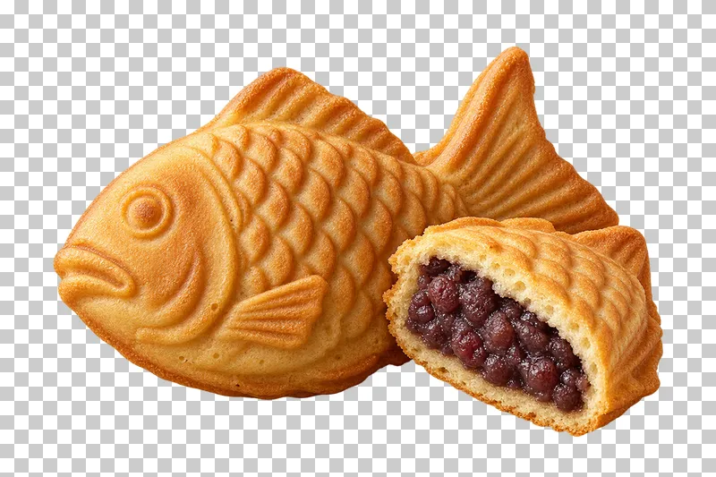 Fish-shaped taiyaki pastry beside a cut portion showing red-bean filling
