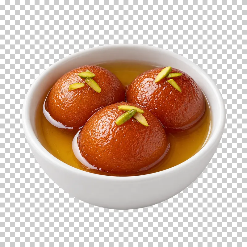 Three gulab jamun with a few pistachio slivers in amber syrup in a white bowl