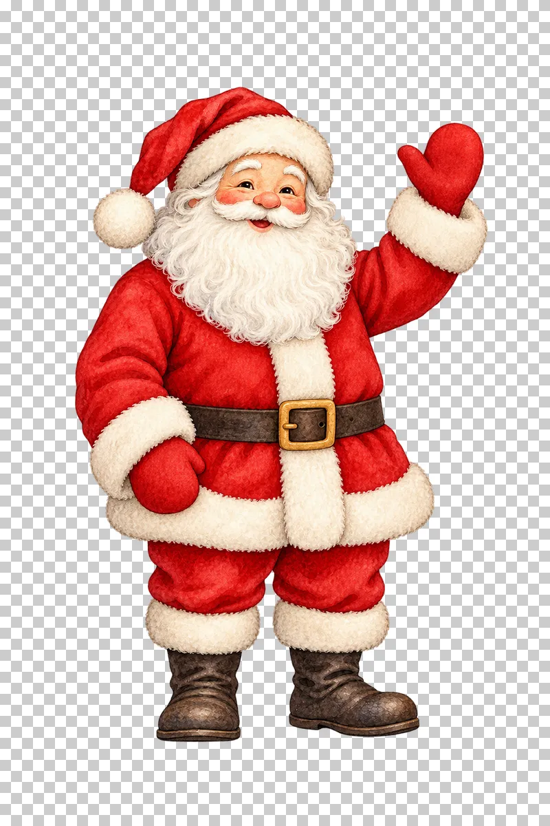 Storybook watercolor Santa in a crimson suit waving one mittened hand.