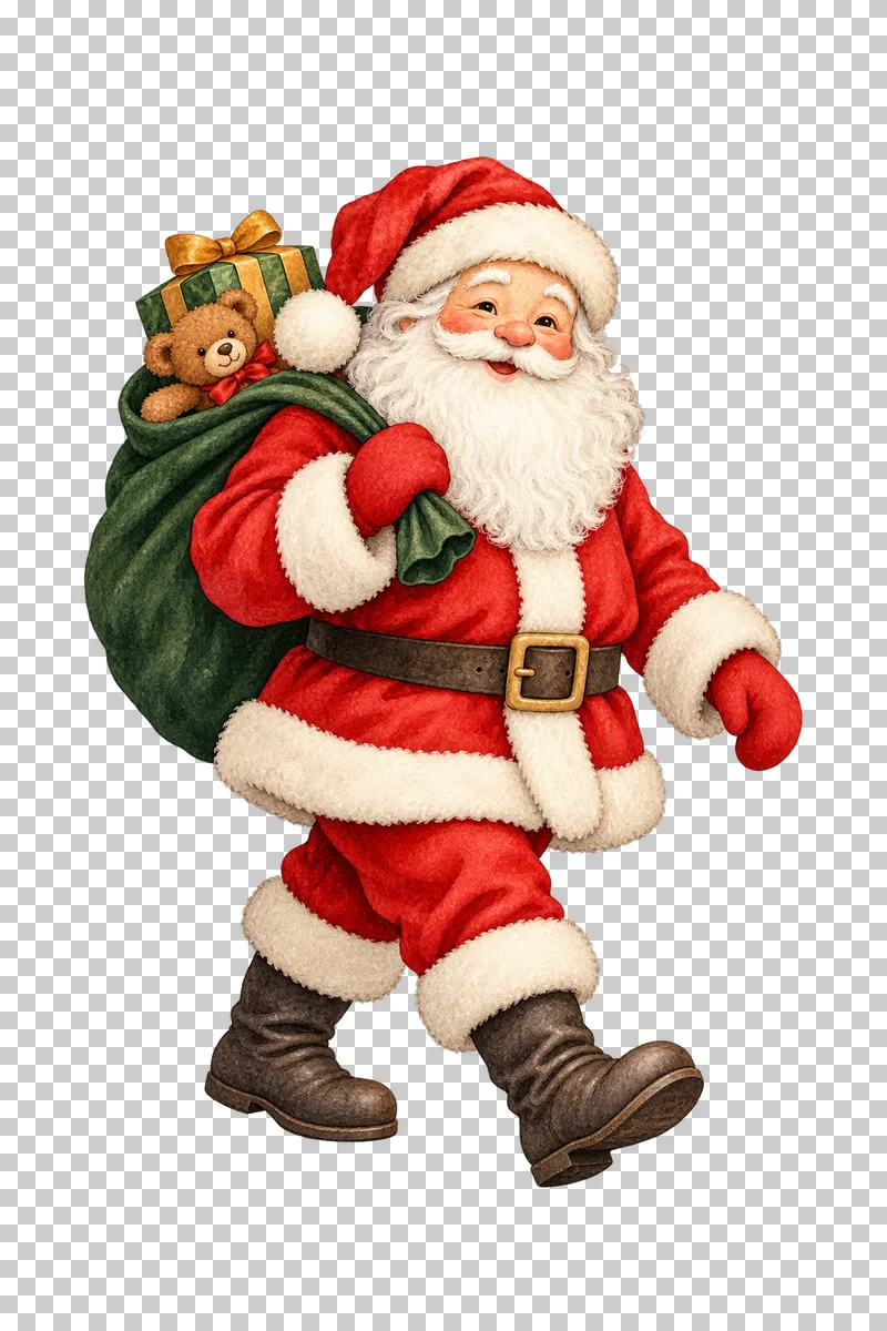 Watercolor Santa walking with a forest-green gift sack over one shoulder.