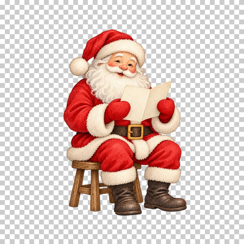Watercolor Santa seated on a wooden stool reading a blank ivory letter.