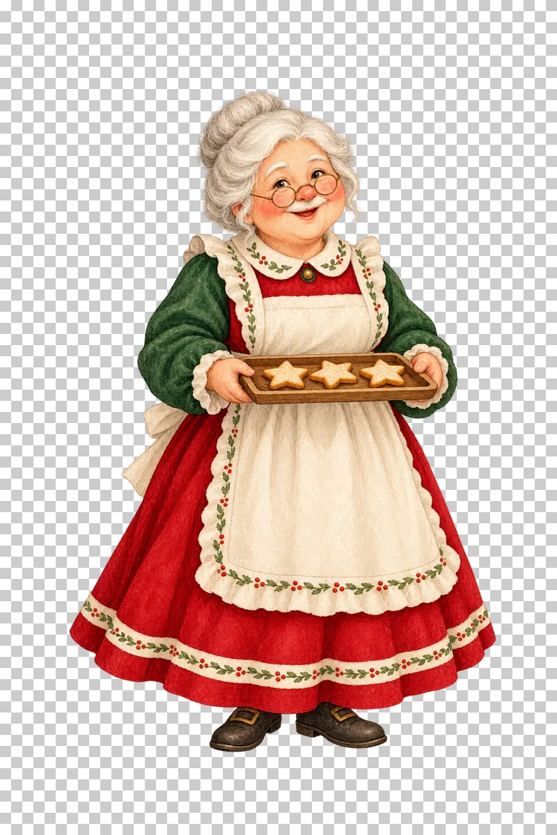 Watercolor Mrs. Claus holding a wooden tray of three star cookies.