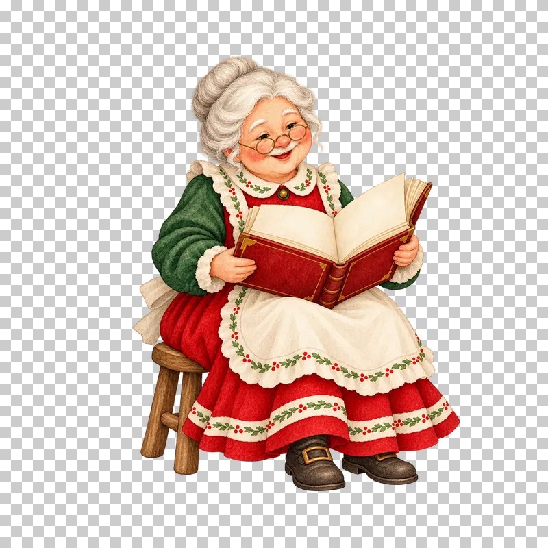 Watercolor Mrs. Claus seated with an open book whose pages are blank.