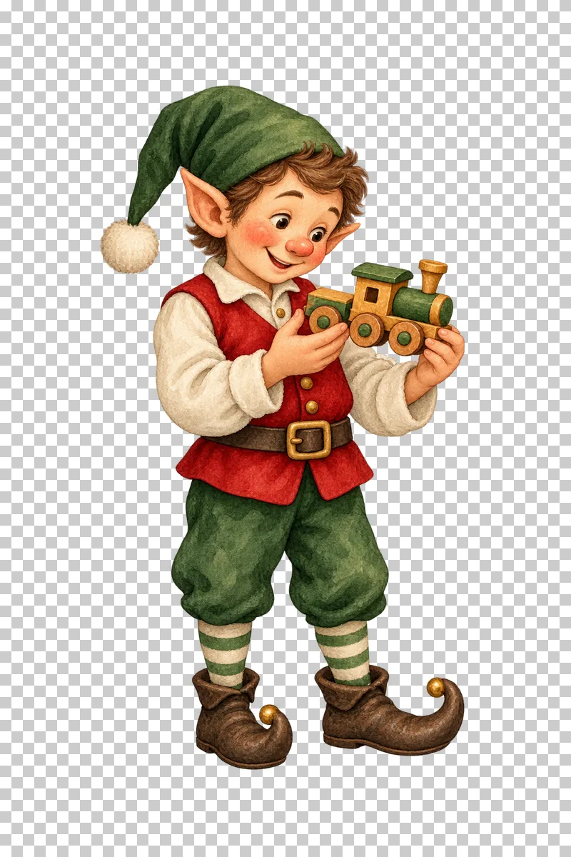 A chestnut-haired watercolor elf inspecting a small wooden toy train.