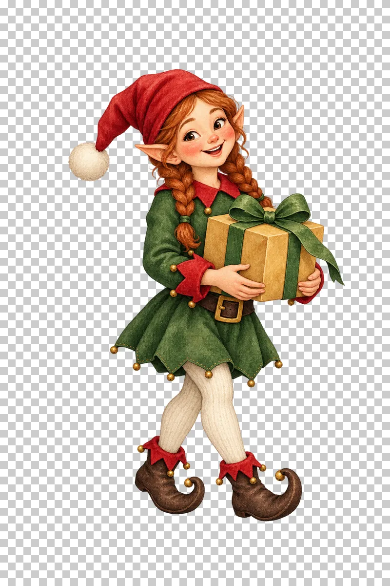 An auburn-braided watercolor elf carrying an ochre parcel tied with a green ribbon.