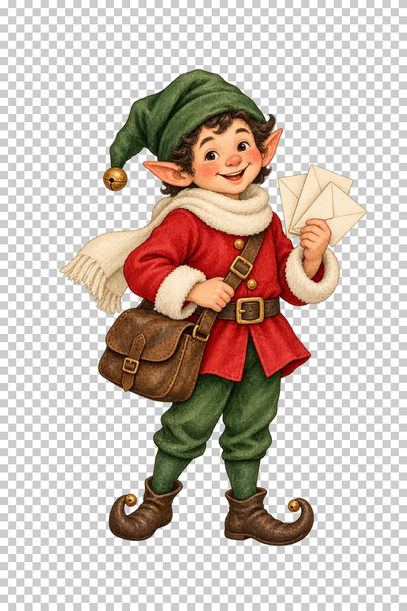 A curly-haired watercolor postal elf holding blank envelopes beside a brown satchel.