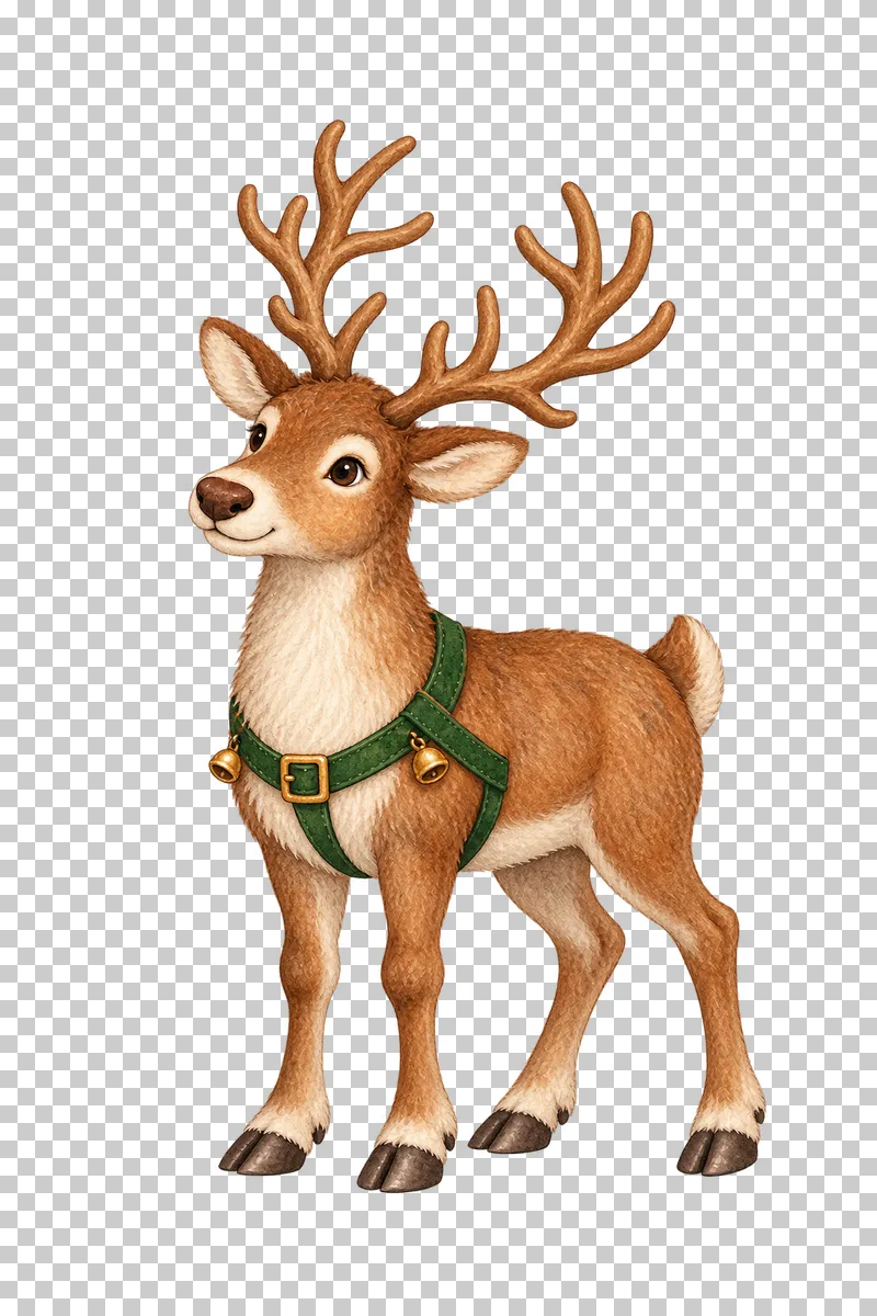 A brown-nosed watercolor reindeer wearing a green harness with ochre bells.