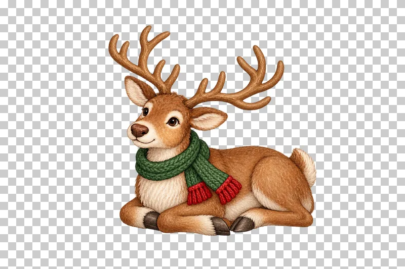 A resting watercolor reindeer with folded legs and a green knitted scarf.