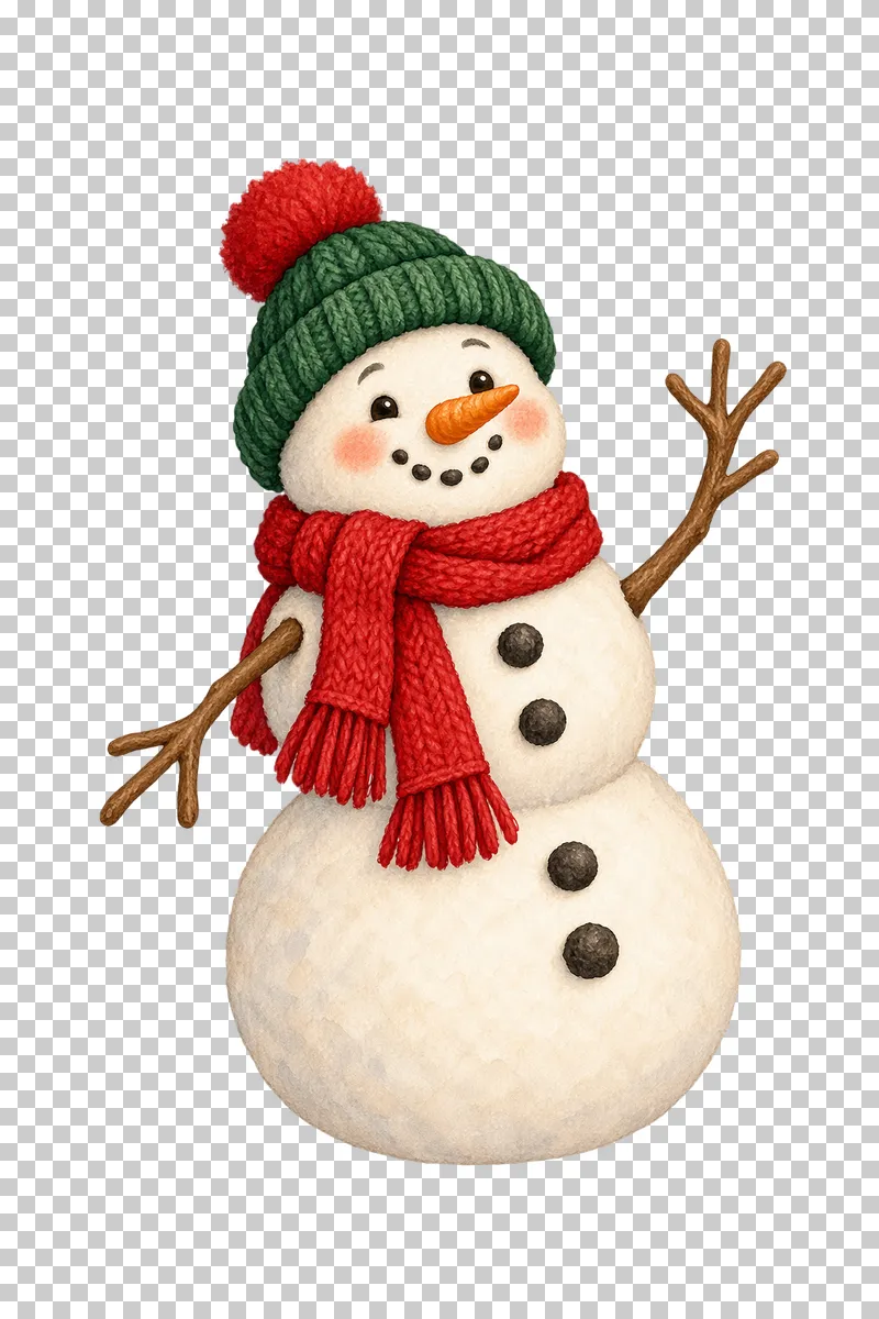 A waving watercolor snowman wearing a green beanie and a crimson scarf.