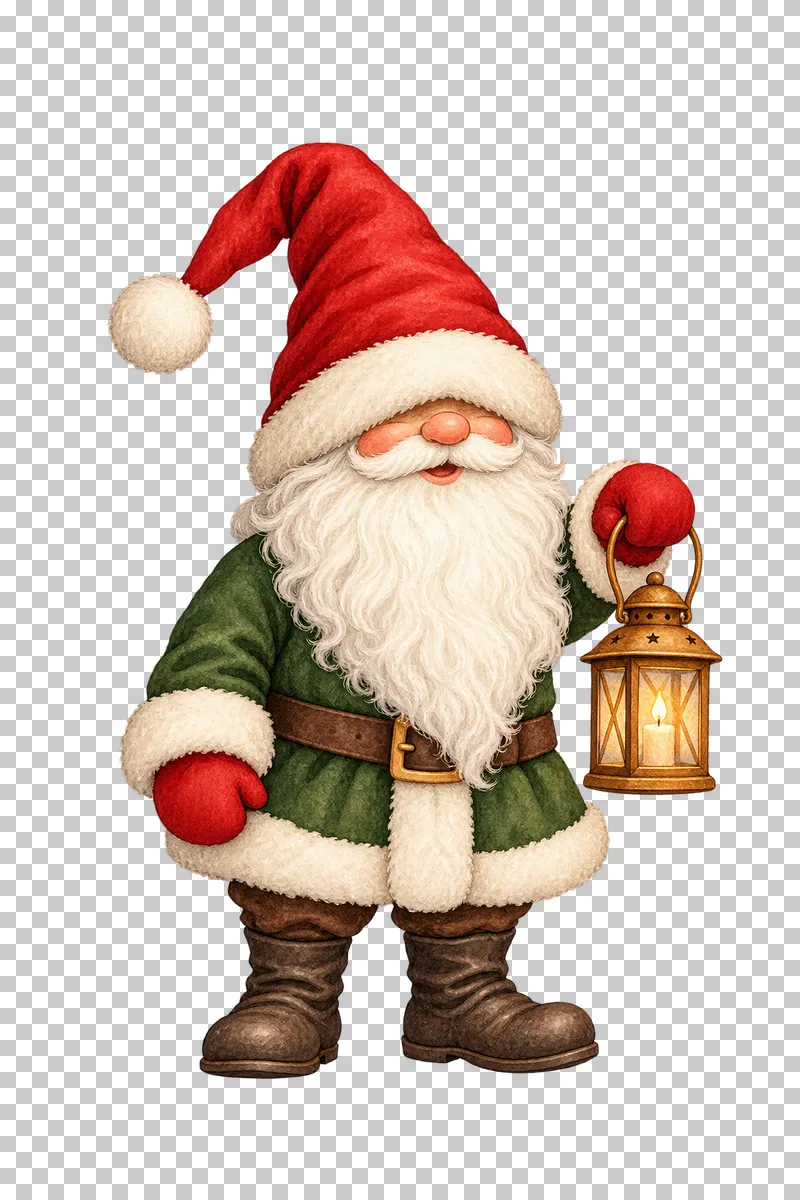 A bearded watercolor Christmas gnome in a crimson hat holding an ochre lantern.