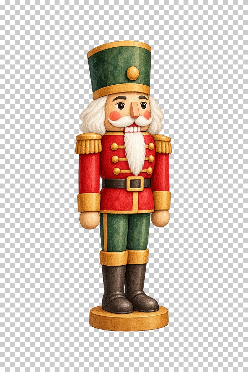 A watercolor wooden nutcracker in a crimson uniform with a green hat and trousers.