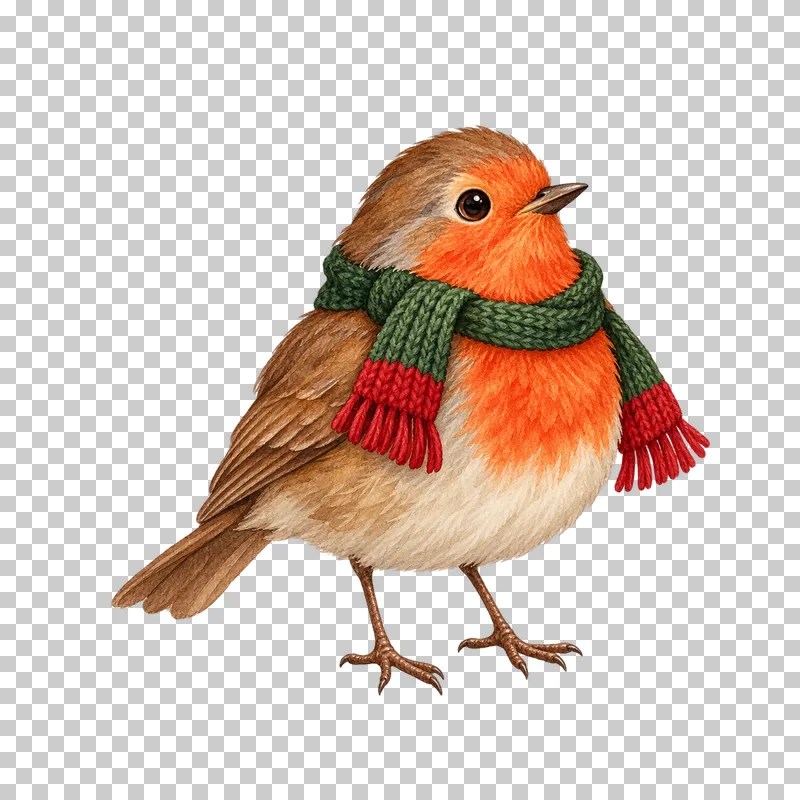 A watercolor robin with an orange breast and a green scarf with crimson ends.