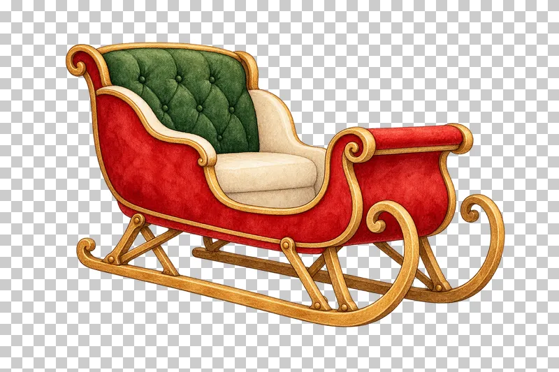 An empty crimson watercolor sleigh with an ivory seat and curved ochre runners.