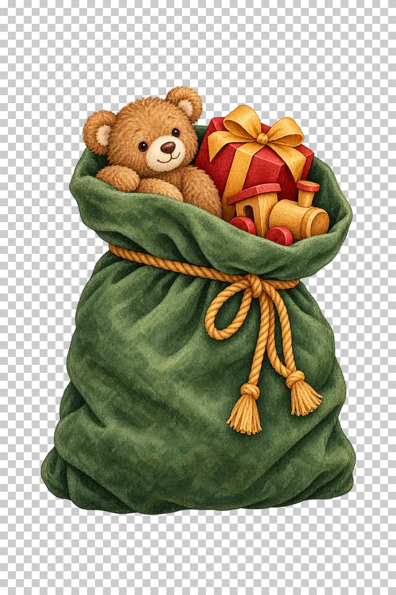 An open green watercolor gift sack containing a teddy bear, a parcel and a toy train.