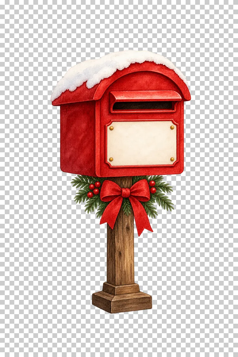 A snow-capped crimson watercolor postbox on a wooden post with a blank ivory panel.