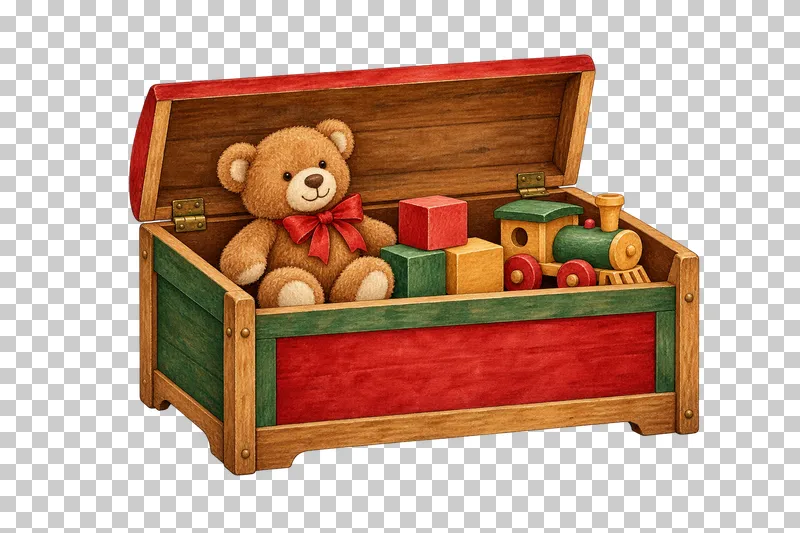 An open watercolor toy chest containing a teddy bear, plain blocks and a wooden train.