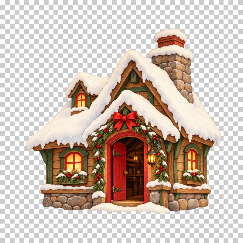 A snowy watercolor timber workshop cottage with warm windows and an open doorway.