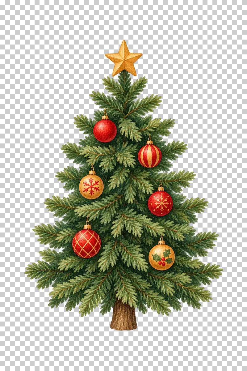 A watercolor fir tree with sparse crimson and ochre ornaments and a star on top.