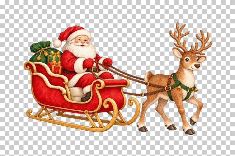 Watercolor Santa riding a loaded sleigh connected by a harness to one brown-nosed reindeer.