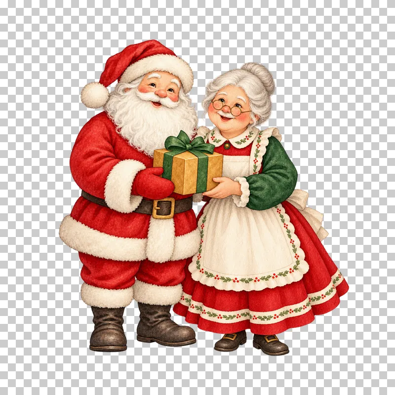 Watercolor Santa and Mrs. Claus standing together with one shared ochre present.