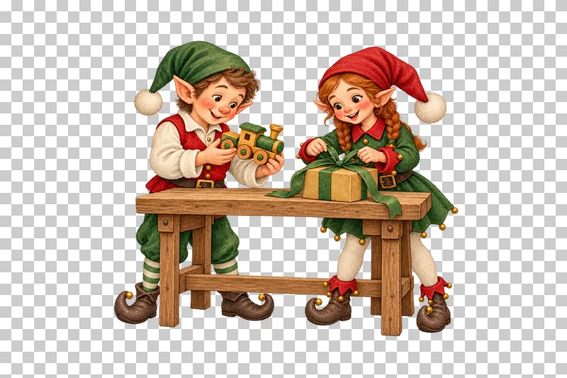 Two watercolor elves with a toy train and a ribbon-wrapped parcel at a wooden workbench.