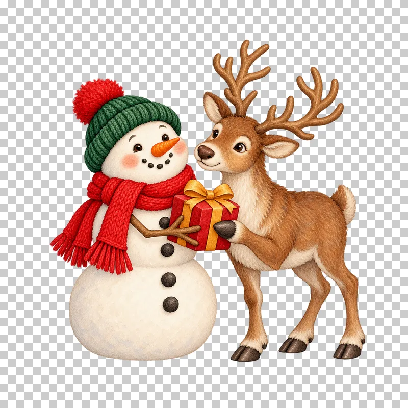 A watercolor snowman and brown-nosed reindeer gathered around one crimson present.