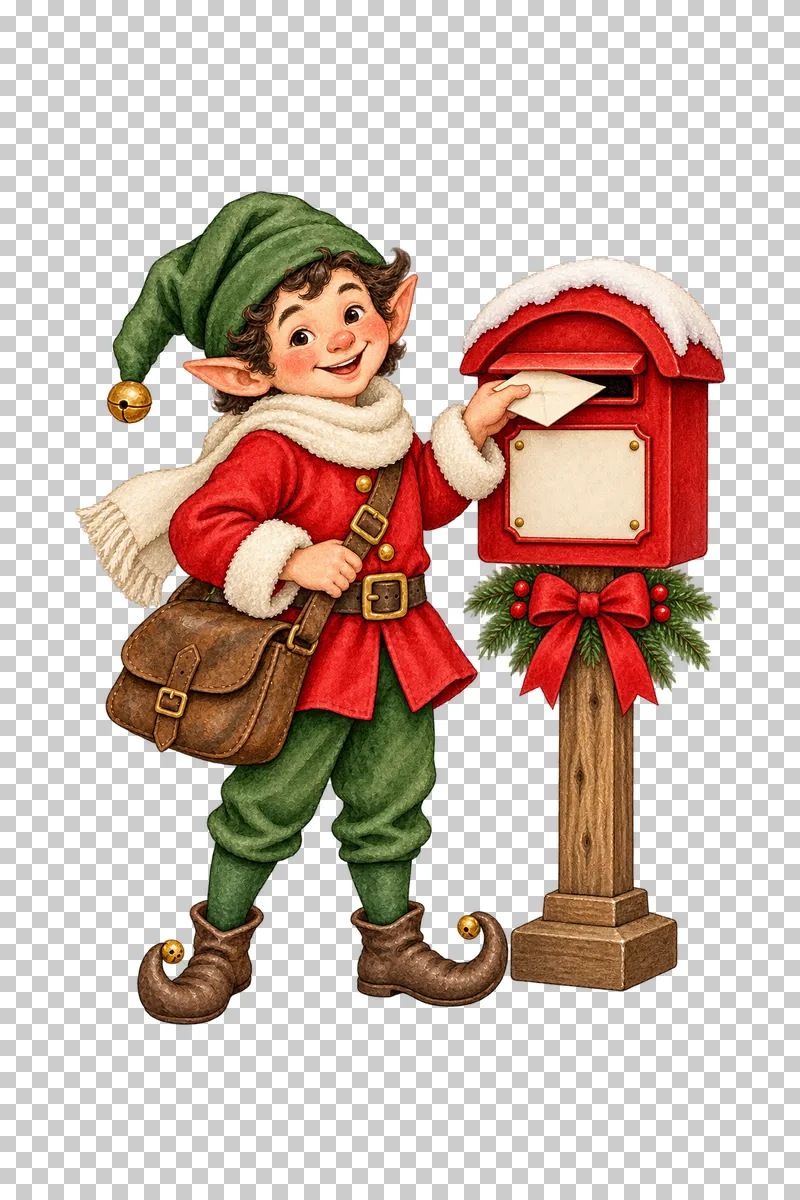 A watercolor postal elf placing a blank envelope into an unlettered Christmas postbox.