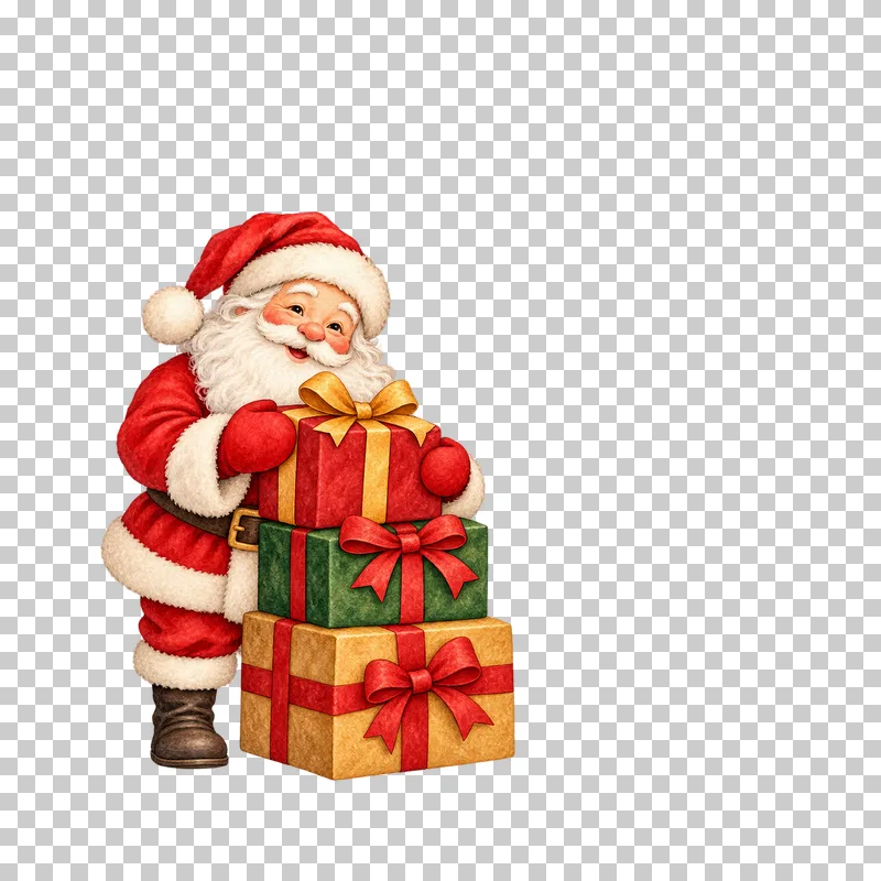 A lower-left watercolor corner of Santa peeking around three stacked parcels.