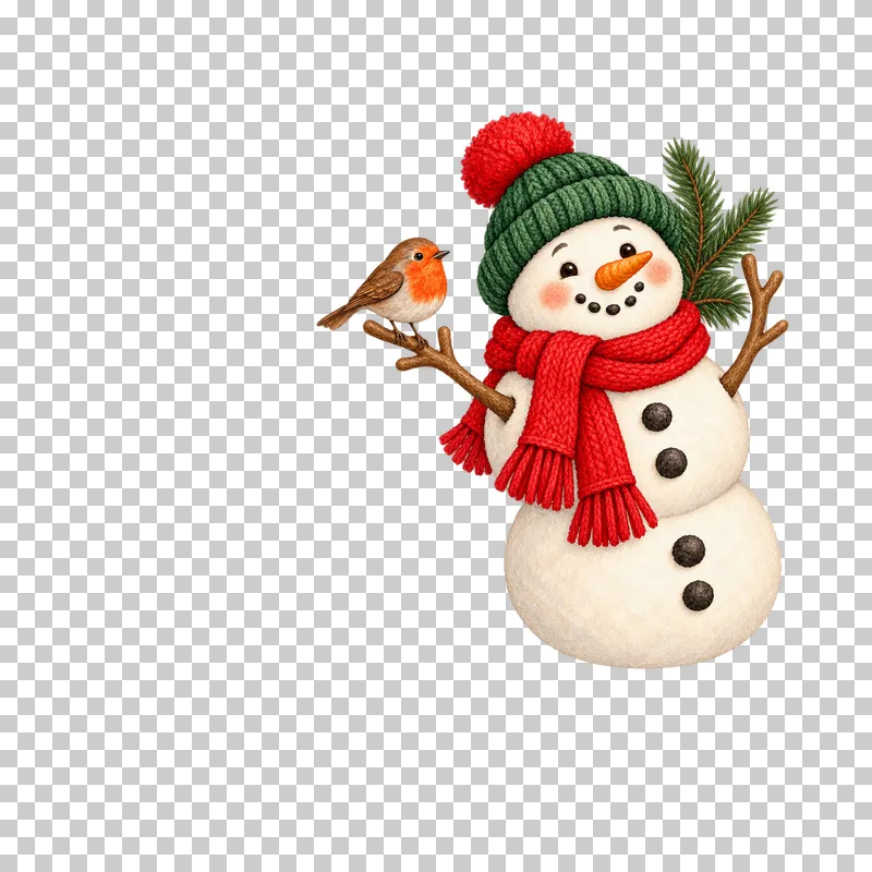 An upper-right watercolor corner with a snowman, a perched robin and a small fir tip.