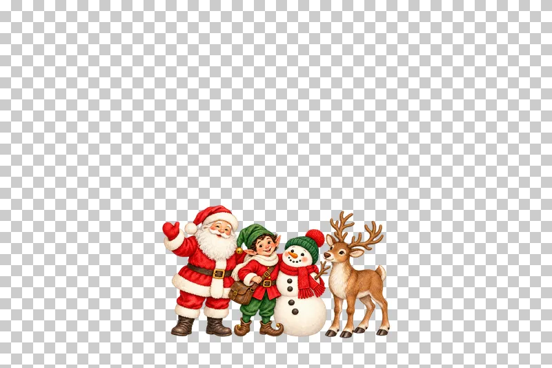 A low watercolor footer grouping of Santa, a postal elf, a snowman and a reindeer.