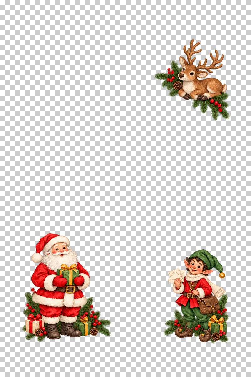 An open portrait watercolor frame with Santa, a postal elf and a resting reindeer around clear message space.