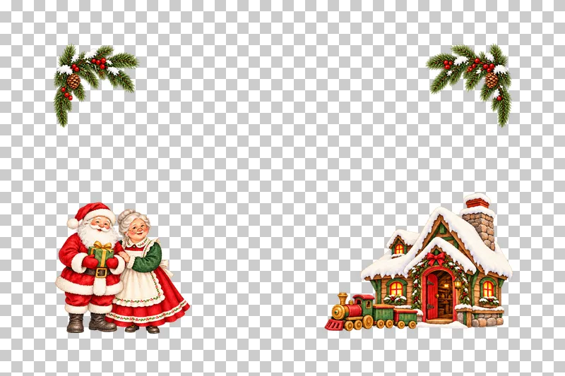 An open wide watercolor frame with Santa and Mrs. Claus opposite a snowy workshop and toy train.