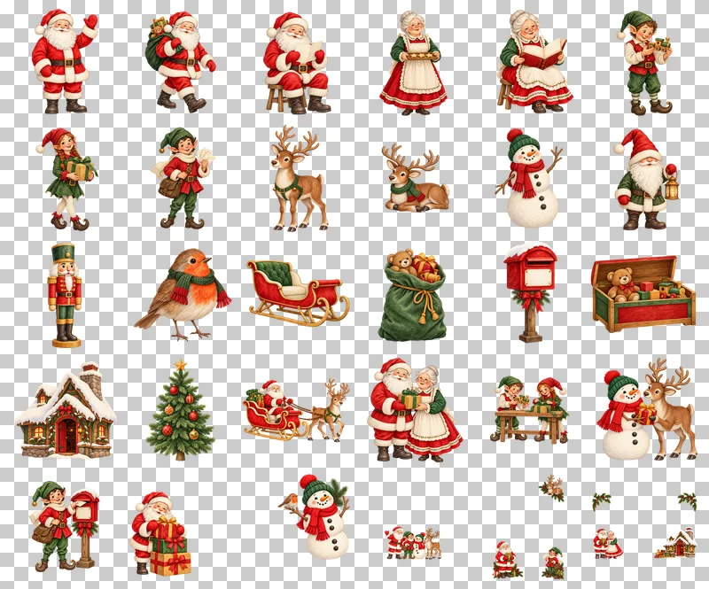 Santa and Christmas Friends Watercolor PNG Collection: all 30 elements in one grid