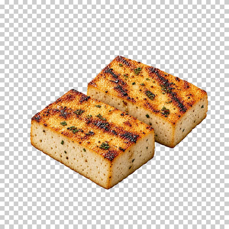 Two thick grilled tofu slabs with porous ivory sides, golden seared tops and small attached herb flecks.