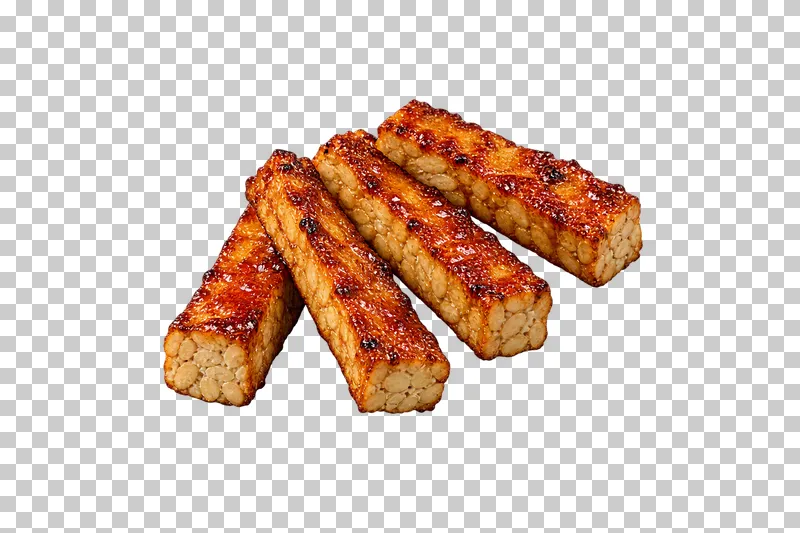 Four barbecue-glazed tempeh strips with a visible whole-soybean mosaic on their cut faces.