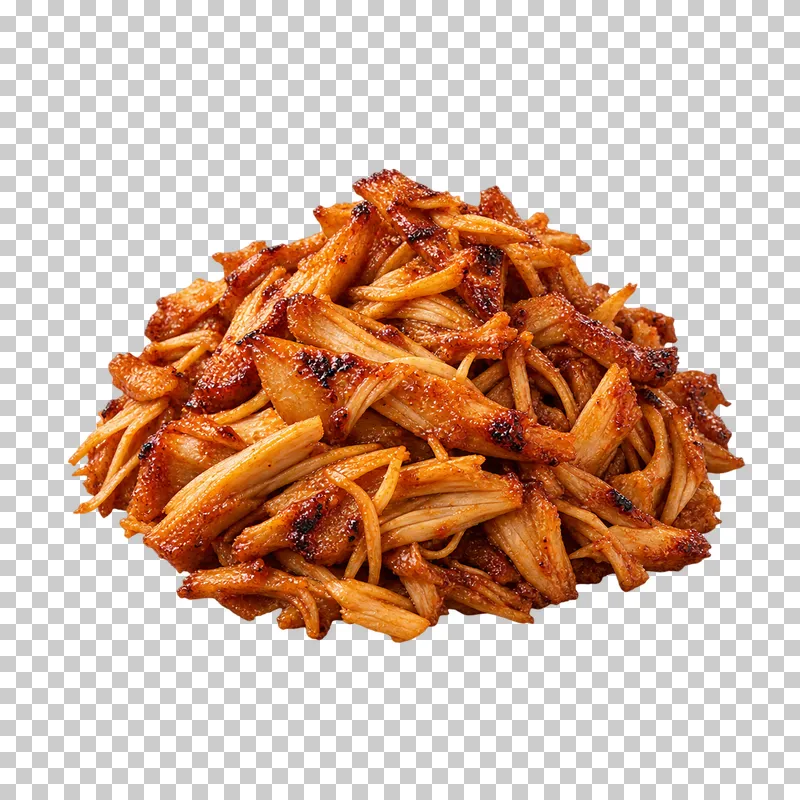 A compact portion of shredded young jackfruit in a red-brown barbecue glaze.