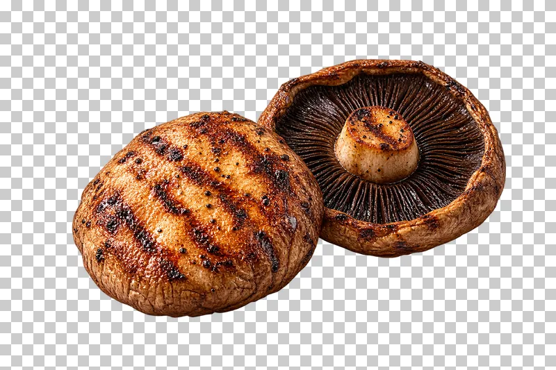 Two grilled portobello caps, one showing its browned top and the other its dark radial gills.