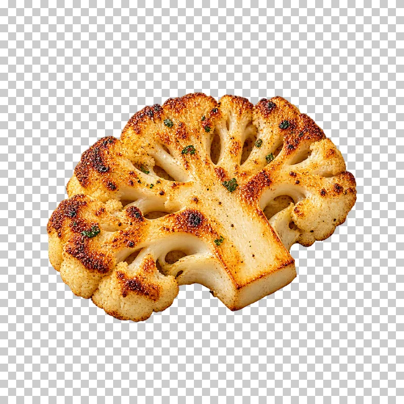 A thick chargrilled cauliflower cross-section with a continuous branching stalk and browned cream florets.