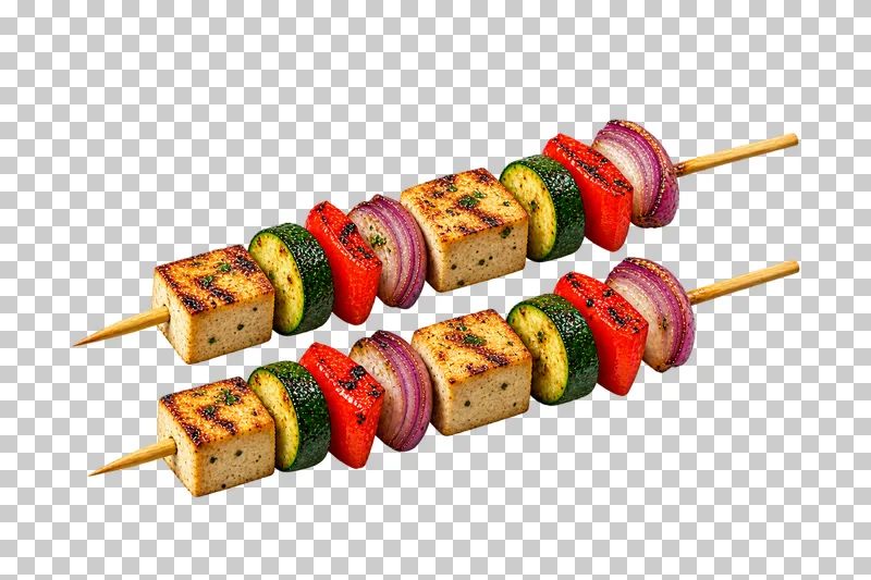 Two complete bamboo skewers threaded with porous tofu, zucchini, red pepper and red onion.