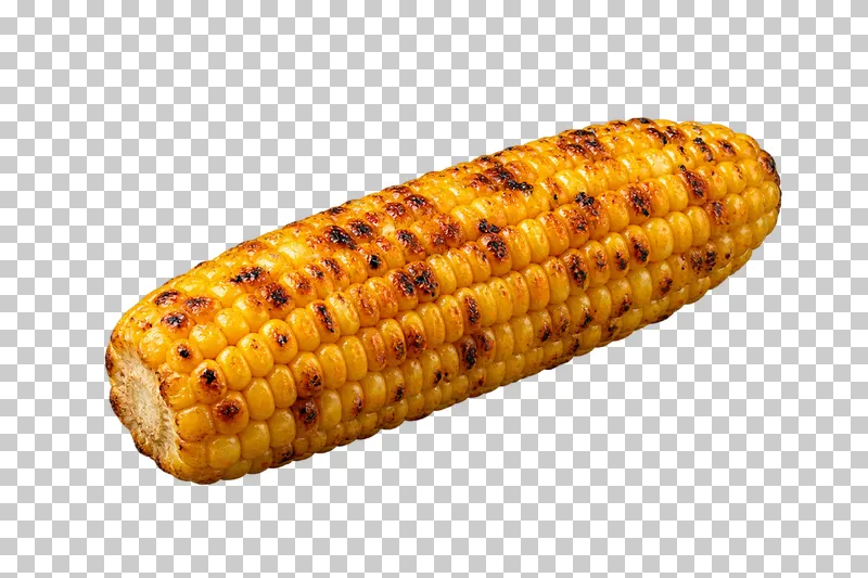 A husked yellow sweetcorn cob with coherent kernels and scattered grilled browning.