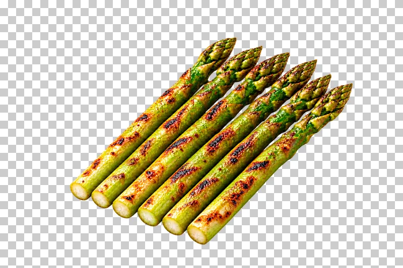 Six complete grilled asparagus spears with distinct tips and visible cut ends.