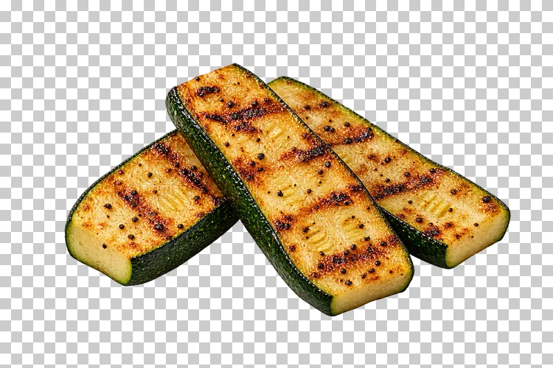 Three thick grilled zucchini planks with green skin edges and pale golden cut faces.