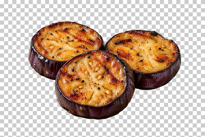 Three grilled eggplant rounds with violet skin rims and softly browned seeded centers.