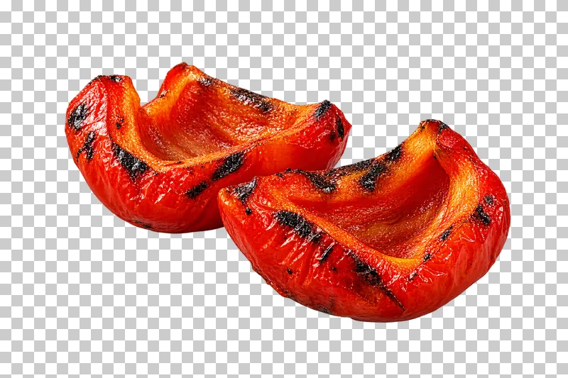 Two curved pieces of chargrilled red bell pepper with fleshy walls and blistered skin.