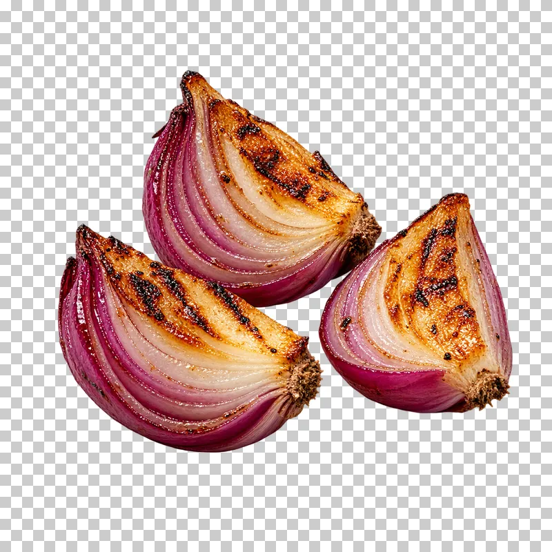 Three charred red onion wedges with visible purple-white layers and attached root ends.